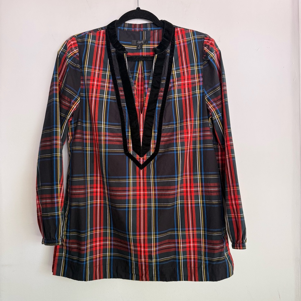J. CREW Velvet Trimmed V-neck Tunic Blouse Top Red Christmas Plaid Holiday Small